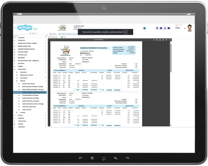 Gestión de cobros de facturas en Amigo ERP en una tablet
